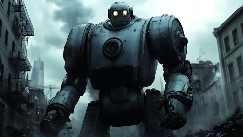 Large armored robot standing in foggy damaged city street.