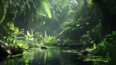 Ray-traced tropical jungle creek with volumetric god rays