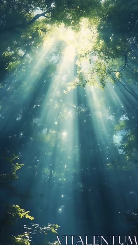 Sunbeams Penetrate Verdant Forest Canopy in Ethereal Mist.