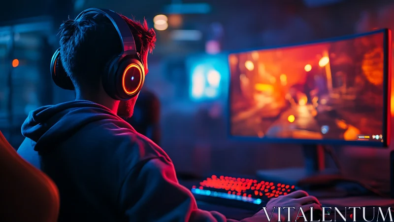 Person uses illuminated PC gaming setup with curved monitor