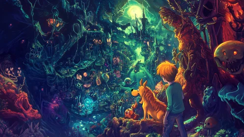 Boy and dog face glowing fantasy cavern city under moon