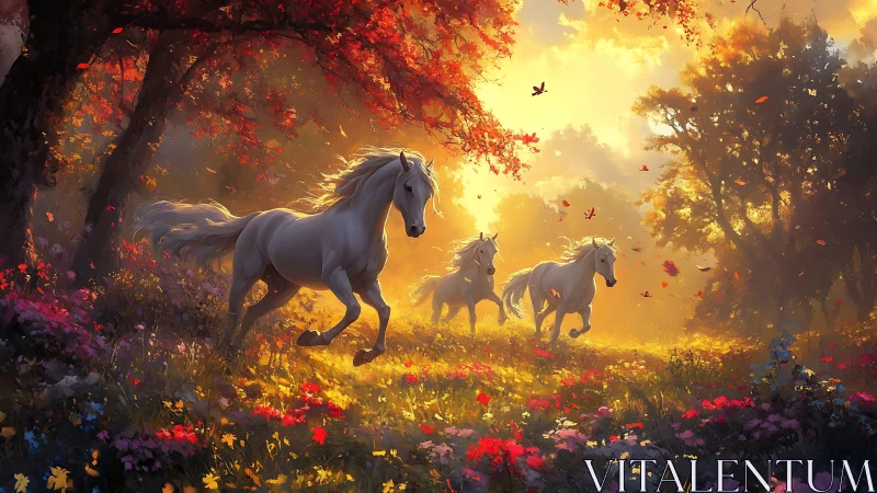 White horses run through glowing autumn forest meadow at dawn