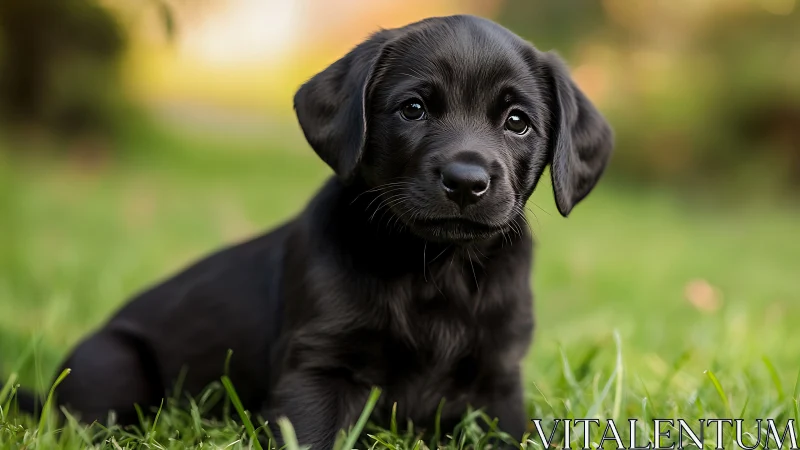 Shallow depth of field isolates black puppy on sunlit lawn