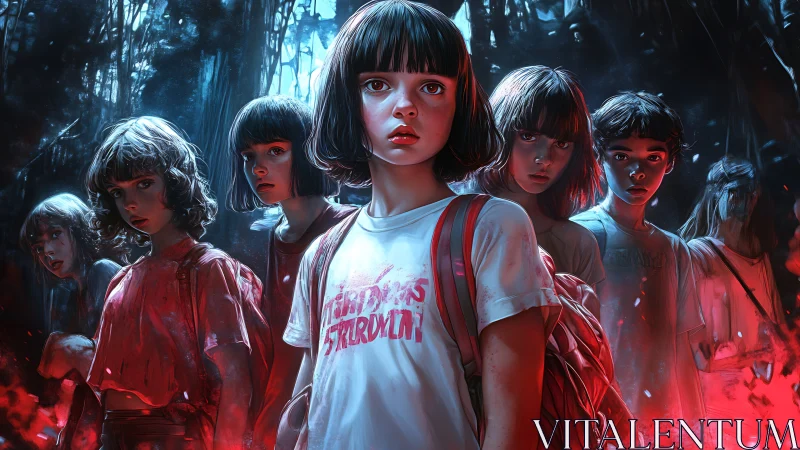 Group of children standing in dense forest at night.