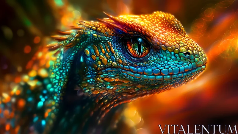 Radiant rainbow lizard gazing through swirling neon light.