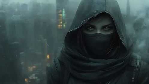 Cyberpunk hooded operative in rain-soaked dystopian megacity.