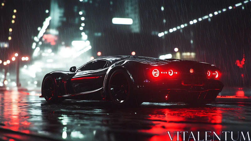 Midnight supercar glows under neon rain on slick city streets