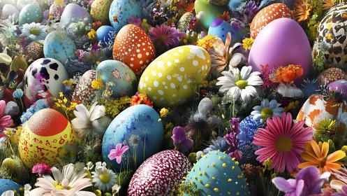 Vibrant painted Easter eggs immersed in lush spring florals.