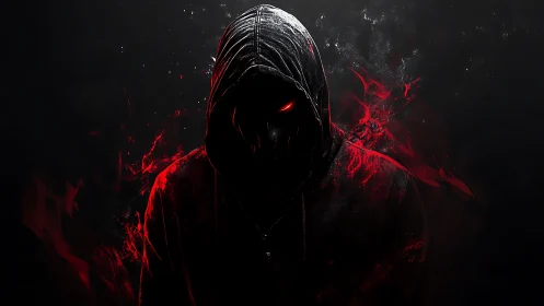 Hooded shadow figure shows glowing red eyes in darkness