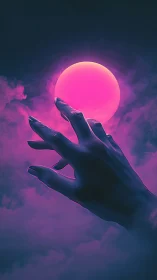 Midnight hand reaches to sculpt a neon lunar dream
