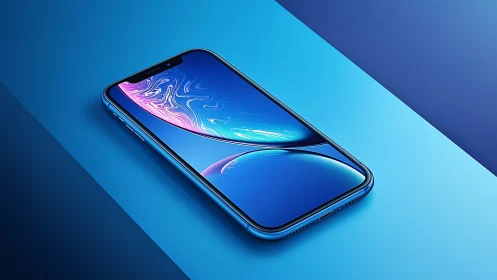 Blue smartphone product render on gradient studio background.