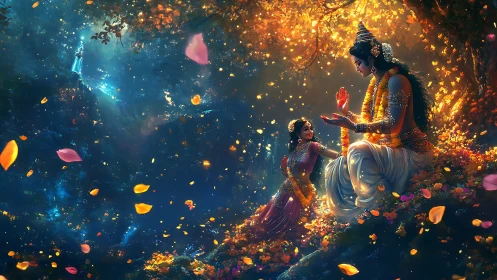 Enchanted forest lovers sharing light beneath golden petals.