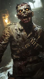 Undead soldier advances through blizzard in cinematic 3D render