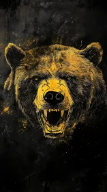 Roaring bear head in yellow on dark textured background.