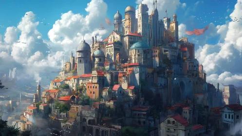 Digital painting of a terraced fantasy sky citadel at dusk.
