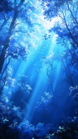 Enchanted blue forest glows under cascading sunbeams.