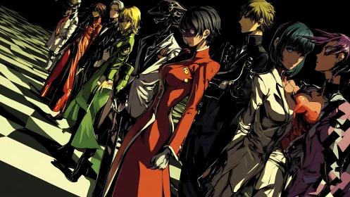 Stylized anime lineup of eight sharply dressed figures.