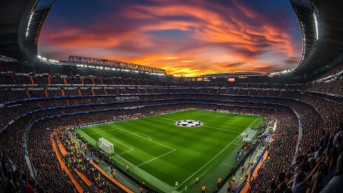 Panoramic packed football stadium under high-saturation sunset sky