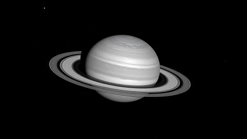 Graceful ringed planet drifting quietly through space.