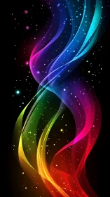 Multicolored light waves on black background with particles.