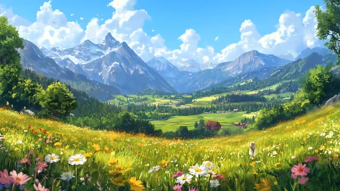 Sunlit alpine valley with wildflower meadow and layered peaks