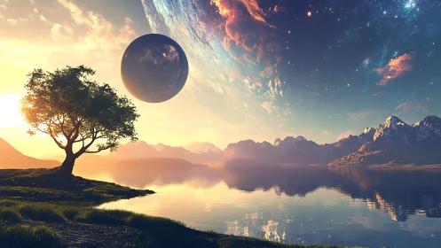 Lone tree overlooks alien planetscape at radiant sunrise