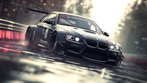 BMW race car powers through wet circuit in dynamic 3D render.
