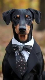 Doberman in formal tuxedo with patterned bow tie portrait