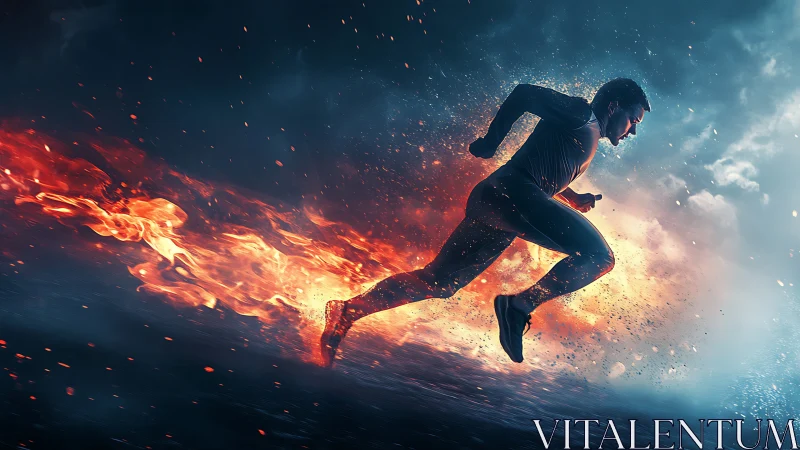 Blazing runner charges forward through sparks and swirling fire