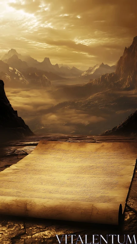 Ancient scroll rests on sunlit plateau above misty peaks.