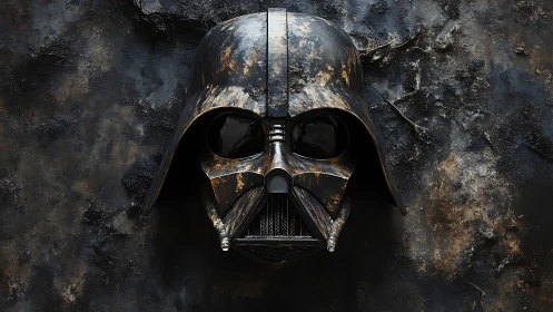 Weathered sci-fi villain helmet against a charred wall.
