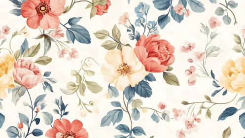 Floral Pattern with Peonies, Roses, and Botanical Elements
