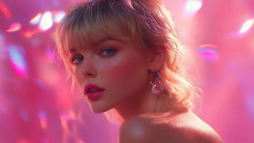 Digital portrait of blonde woman in pink diffused light.