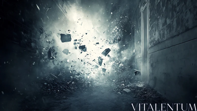 Urban corridor blast with dynamic debris and volumetric light.