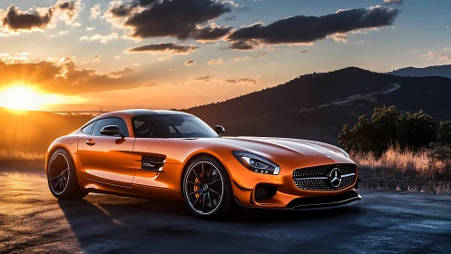 Sunlit copper supercar prowls the twilight mountain road.