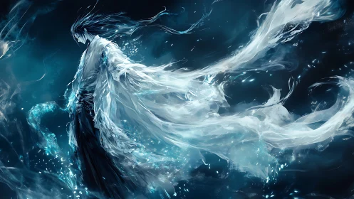 Ethereal spirit figure in flowing elemental energy cloak.