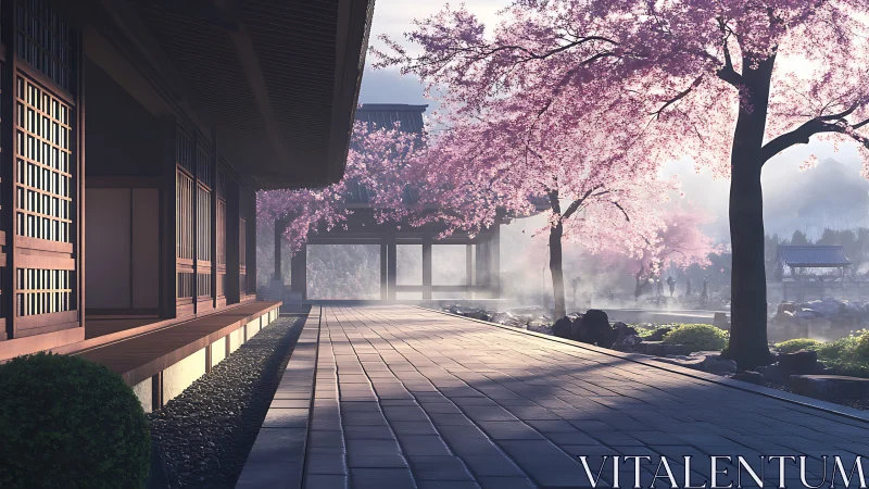 Cherry blossoms line a traditional Japanese walkway at sunrise
