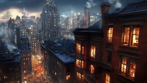 Rainy city street with lit apartments and skyline at night.