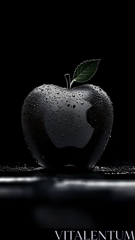 Black reflective apple with water droplets stands on dark surface