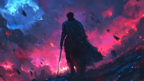 Lone swordsman stands against a burning cosmic sky