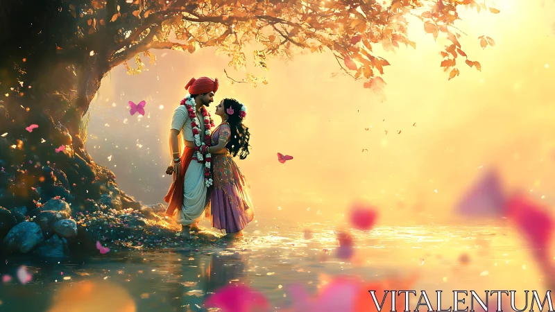 Two figures in autumn landscape with golden light and butterflies.