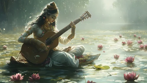 Serene lake goddess strums a gentle song among lotus blooms.