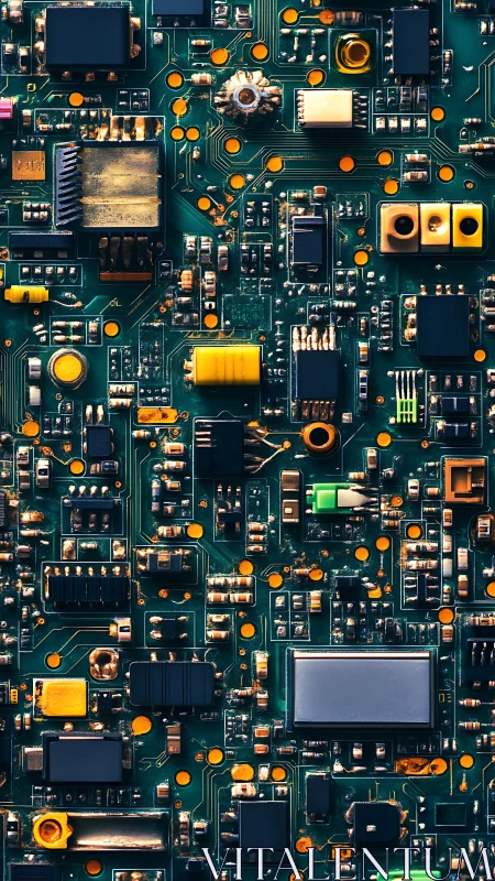 Macro circuit board layout with dense electronic components.