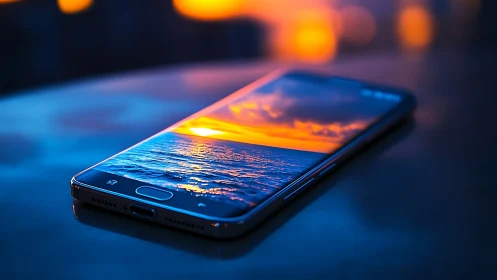 Smartphone Display Rendering Oceanic Sunset with Chromatic Aberration and Depth-of-Field Effects