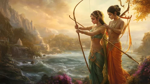 Graceful archers share quiet focus beside a sacred river