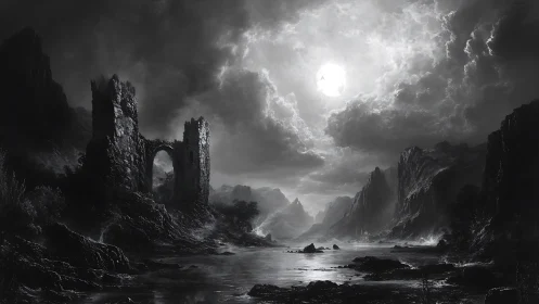 Monochrome ruin arch above misted river under storm moon.