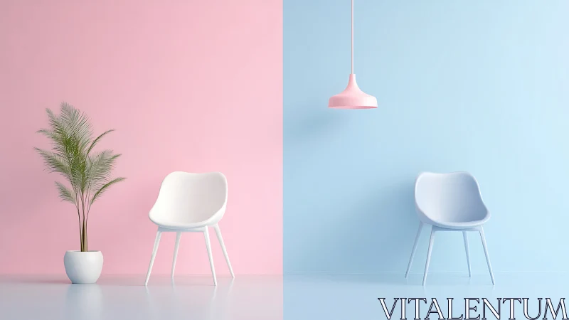 Minimal interior with chairs on split pink blue background.