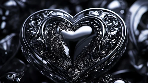 Ornamental Heart Form with Baroque Relief Details and Reflective Surface