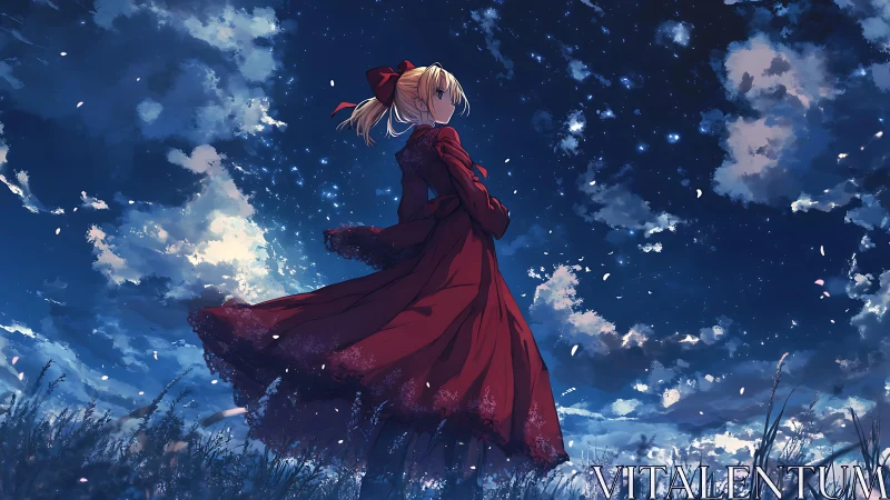 Anime girl in red dress under starry twilight sky field