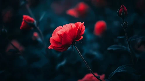 Red Roses in Dark Garden Setting